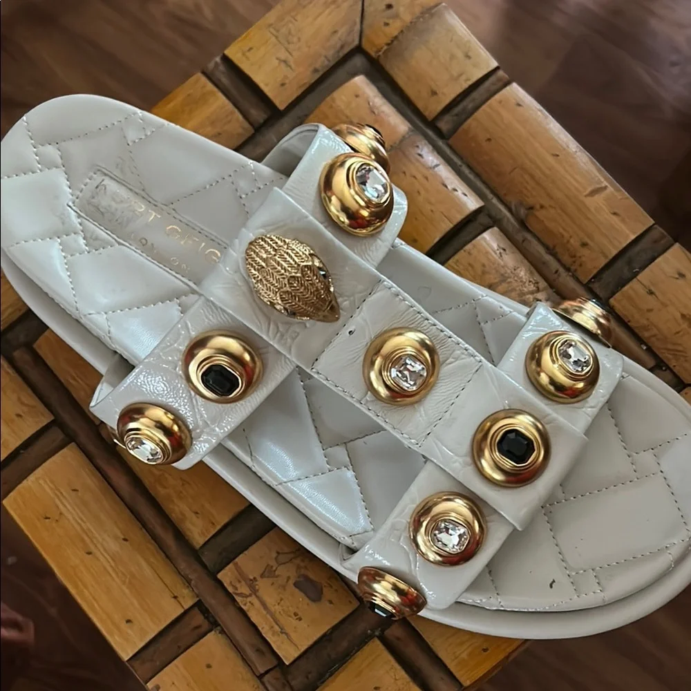 Kurt Geiger Embellished White Quilted Slide Sandal with Gold Accents